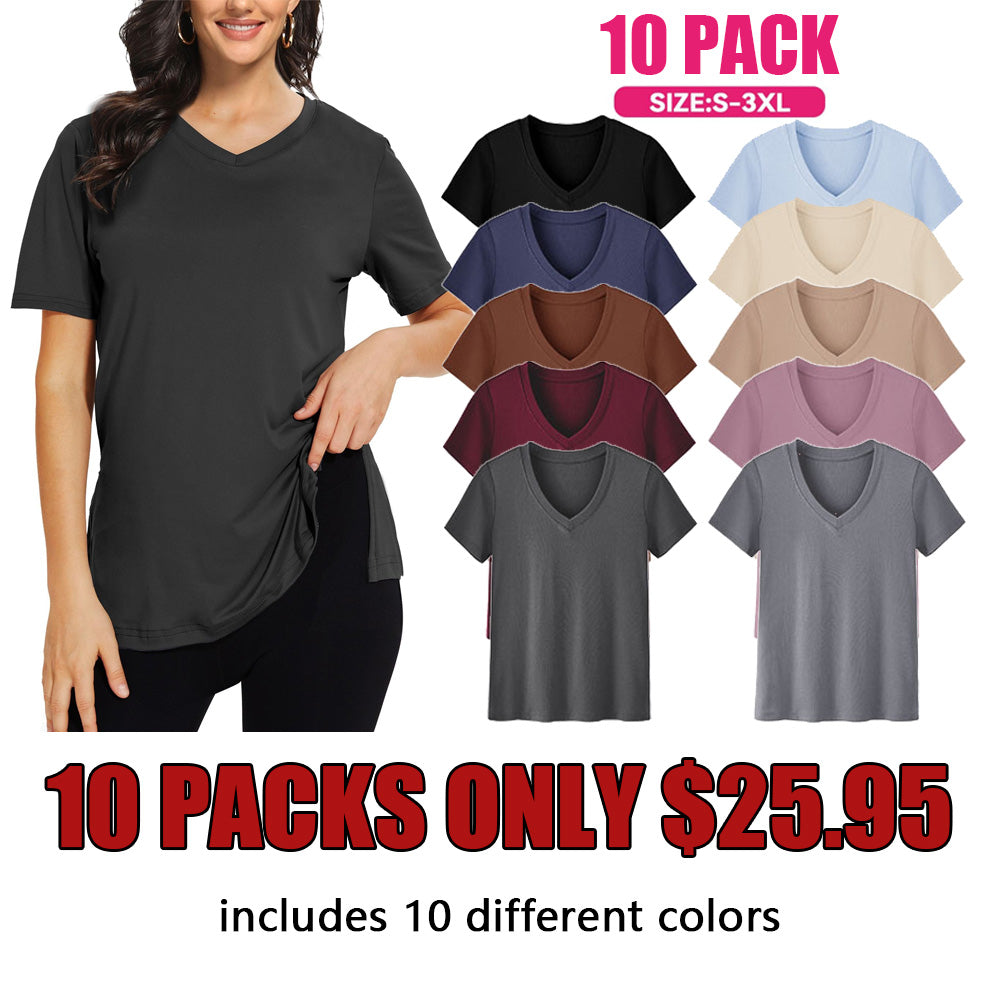 Womens 10 Pack T-Shirts Basic Short Sleeve V Neck Tops - Plus Size Fashion Loose Fit Lightweight Casual Summer Clothes Lady Comfort