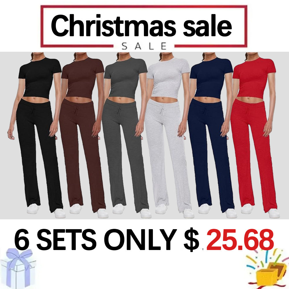 Women's 2 Piece Lounge Sets Fold-over Flare Pants Set Long Sleeve Crop