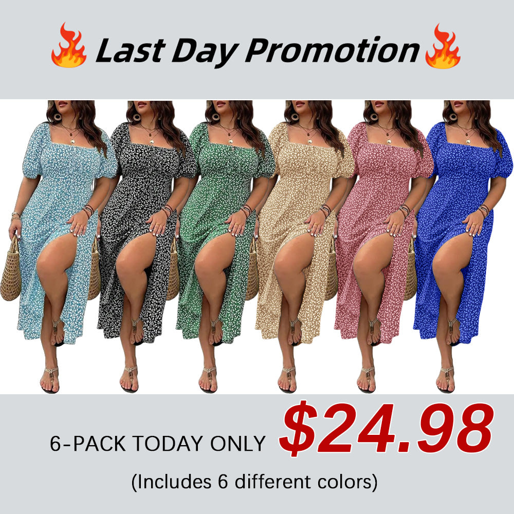 Women Plus Size Dress Puff Sleeve Floral Split A Line Maxi Dress Boho Tie Front Casual Beach Long Dresses