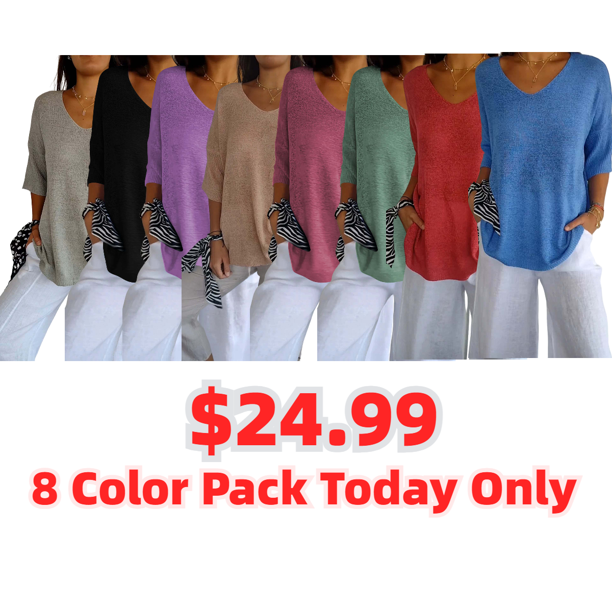 Solid Color Knitted V-neck Top