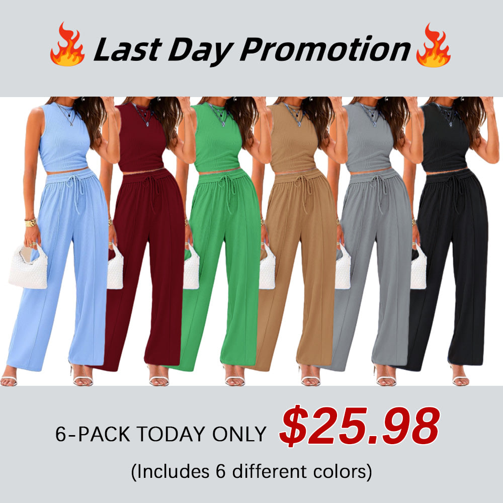 Women Summer 2 Piece Outfits Ribbed Knit Cropped Top Elastic Waist Wide Leg Pants Lounge Set