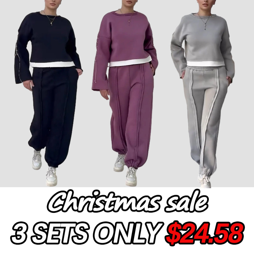 Women's Casual Round Neck Contrast Patchwork Sweatpants Suit