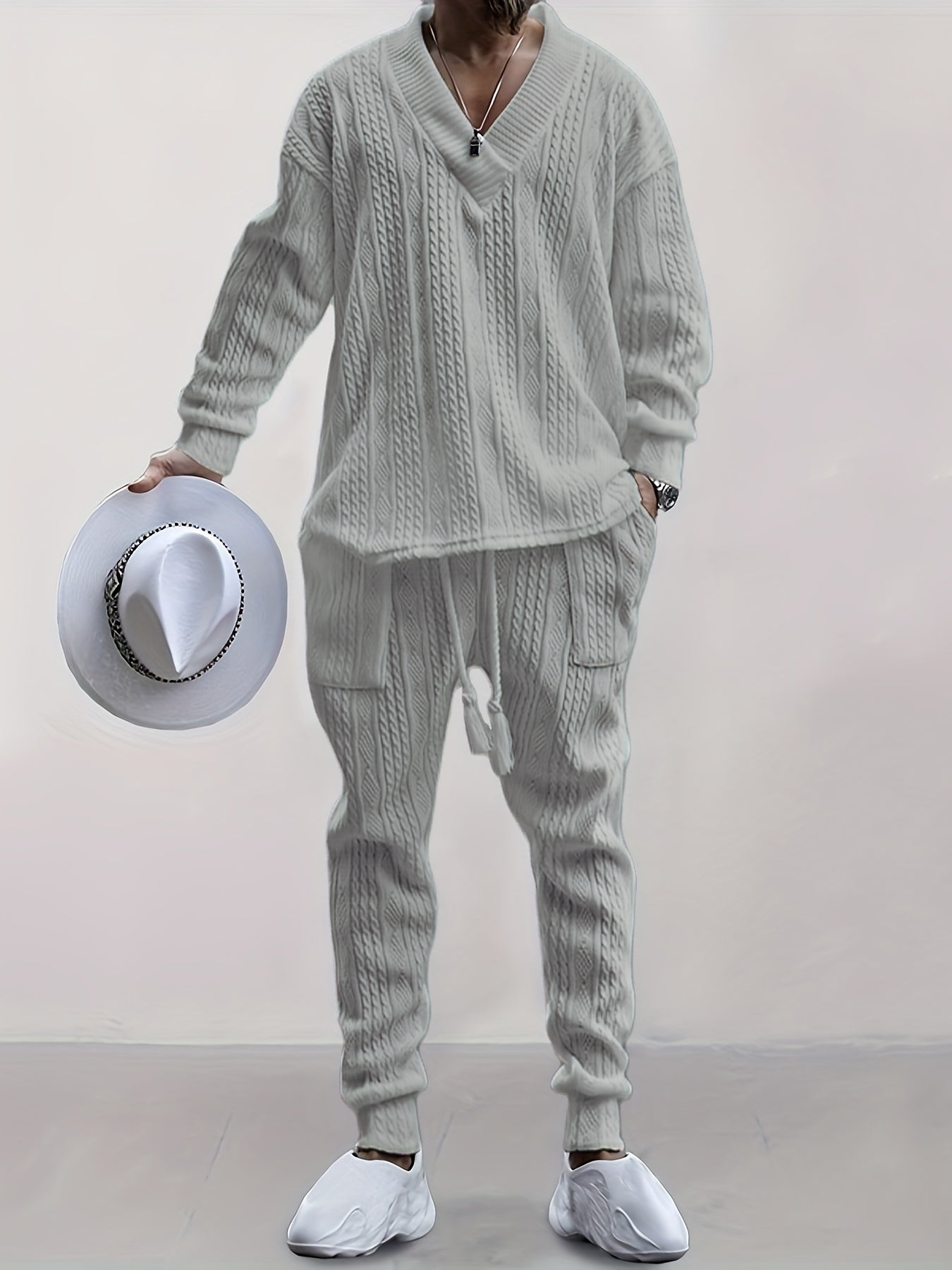 Mens V Neck Sweatshirt Jacquard Tracksuit 2 Piece Men Baggy Sweatsuit Sets Men's Jogging Tracksuit Set Outfit for Men