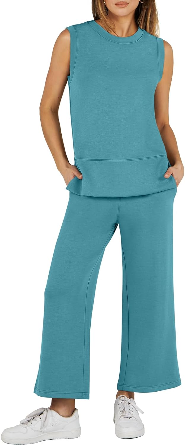 Women's 2 Piece Sets Summer Outfits Sleeveless Wide Leg Tracksuits Casual Sweat Sets Lounge Sweatsuits