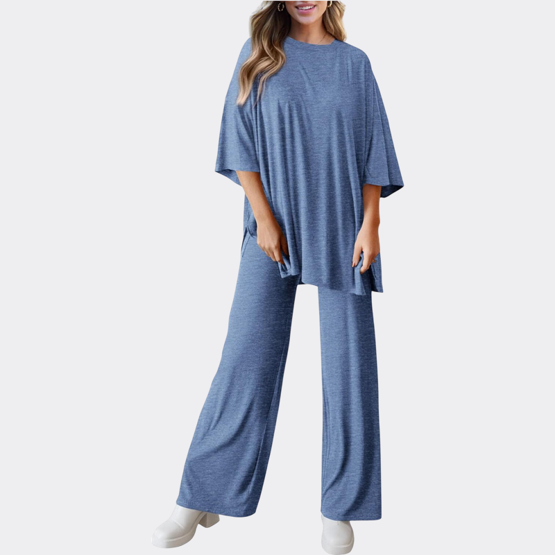 Women's 2 Piece Outfits Casual Short Sleeve Pullover Tops and Wide Leg Pants Lounge Sets Tracksuits