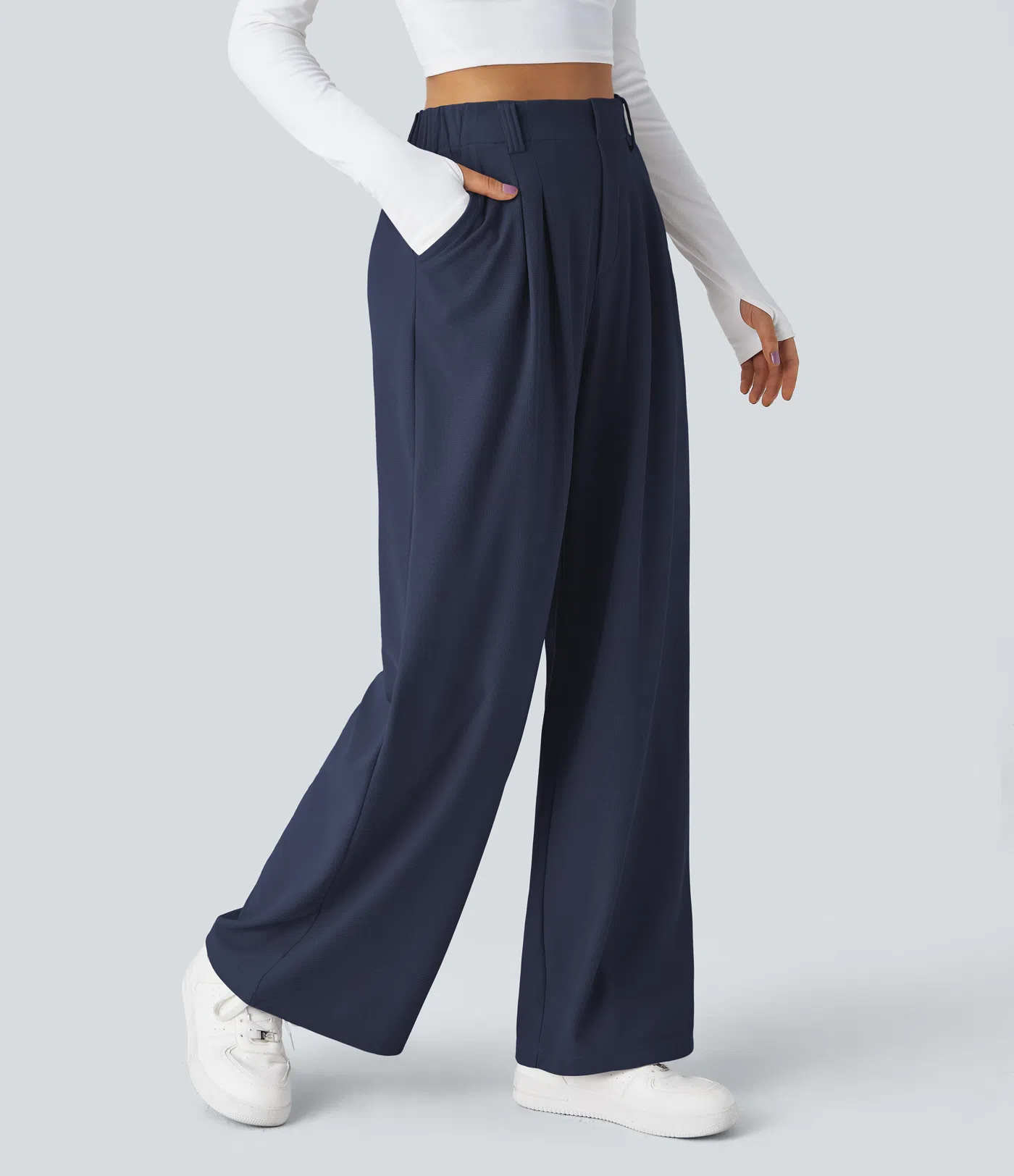 High Waisted Side Pocket Wide Leg Waffle Work Pants