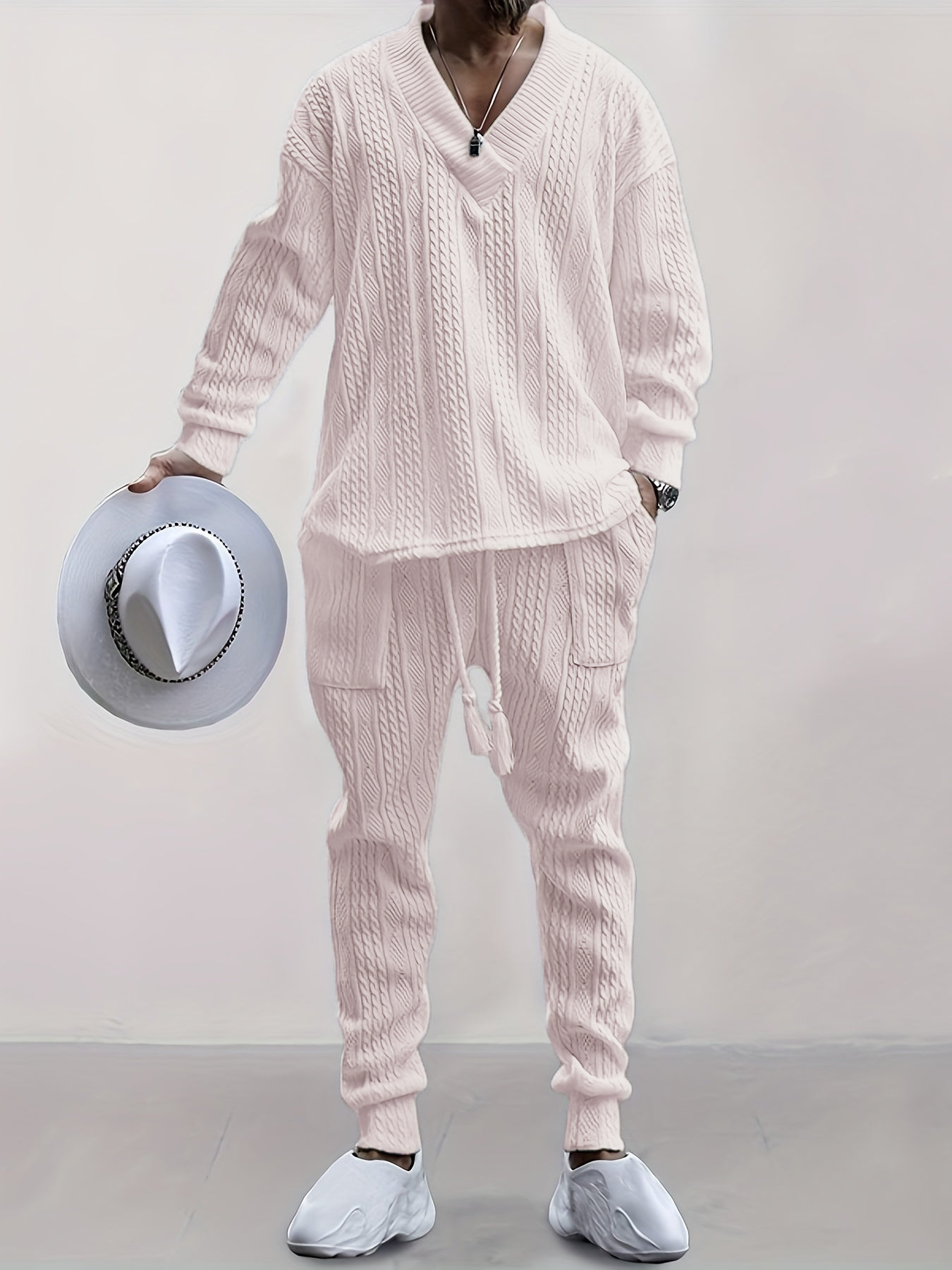 Mens V Neck Sweatshirt Jacquard Tracksuit 2 Piece Men Baggy Sweatsuit Sets Men's Jogging Tracksuit Set Outfit for Men