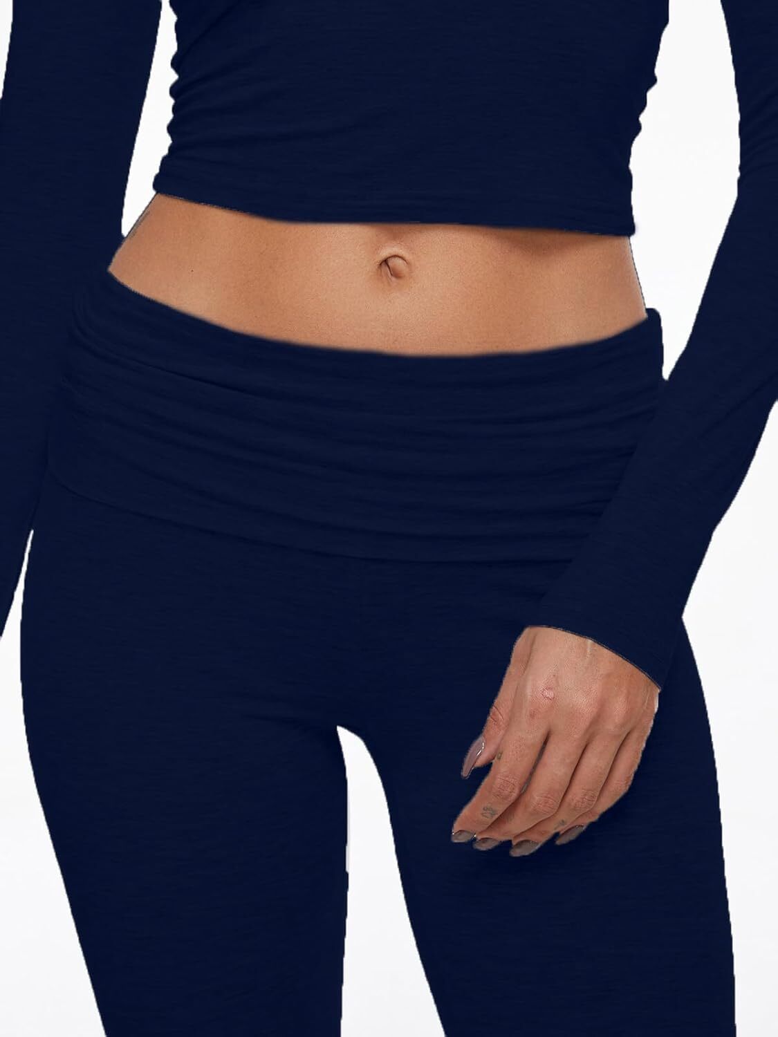 Women's 2 Piece Lounge Sets Fold-over Flare Pants Set Long Sleeve Crop