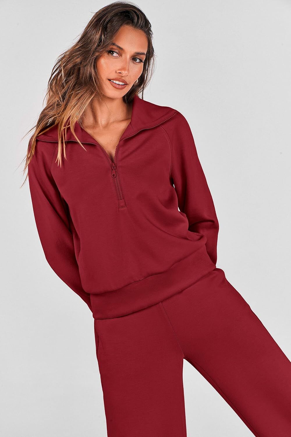 Women's 2 Piece Outfits Casual Lapel Half Zip Sweatshirts And Wide Leg Pants Tracksuit Sets