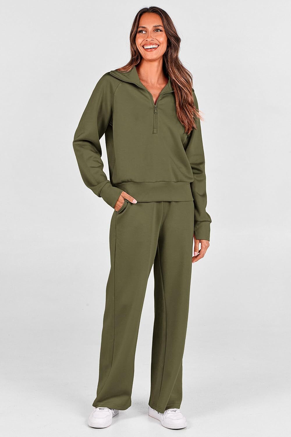 Women's 2 Piece Outfits Casual Lapel Half Zip Sweatshirts And Wide Leg Pants Tracksuit Sets