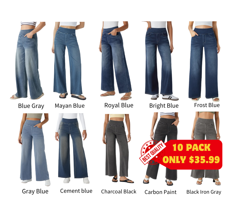 💝Last day promotion⚡High Waisted Multiple Pockets Baggy Wide Leg Washed Stretchy Knit Casual Jeans