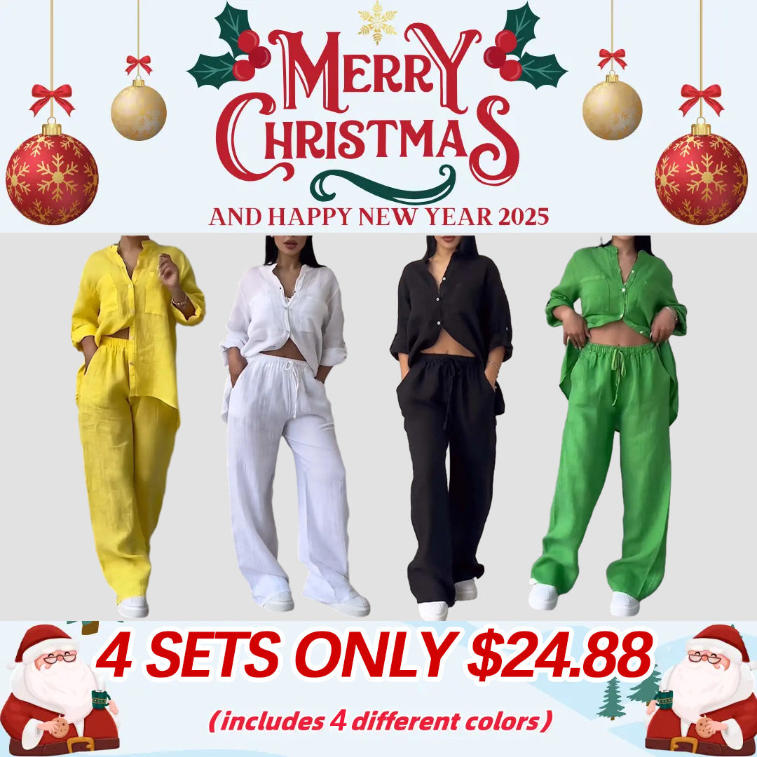 Casual solid color cotton and linen pants two-piece set