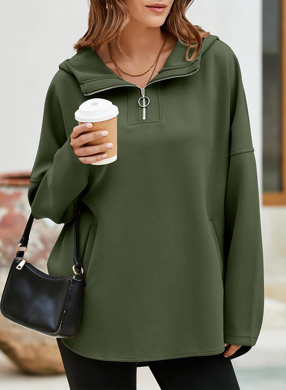 Women's Oversized Hoodies Casual Long Sleeve Half Zipper Pocket Sweatshirt Pullover Tops