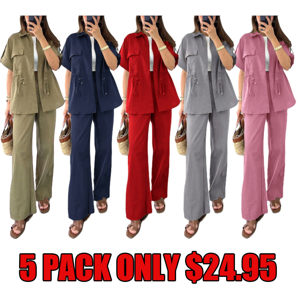 Workwear drawstring casual two-piece set