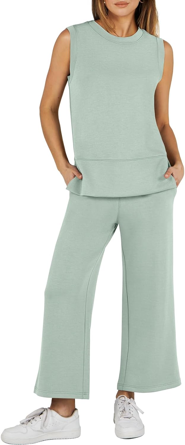 Women's 2 Piece Sets Summer Outfits Sleeveless Wide Leg Tracksuits Casual Sweat Sets Lounge Sweatsuits