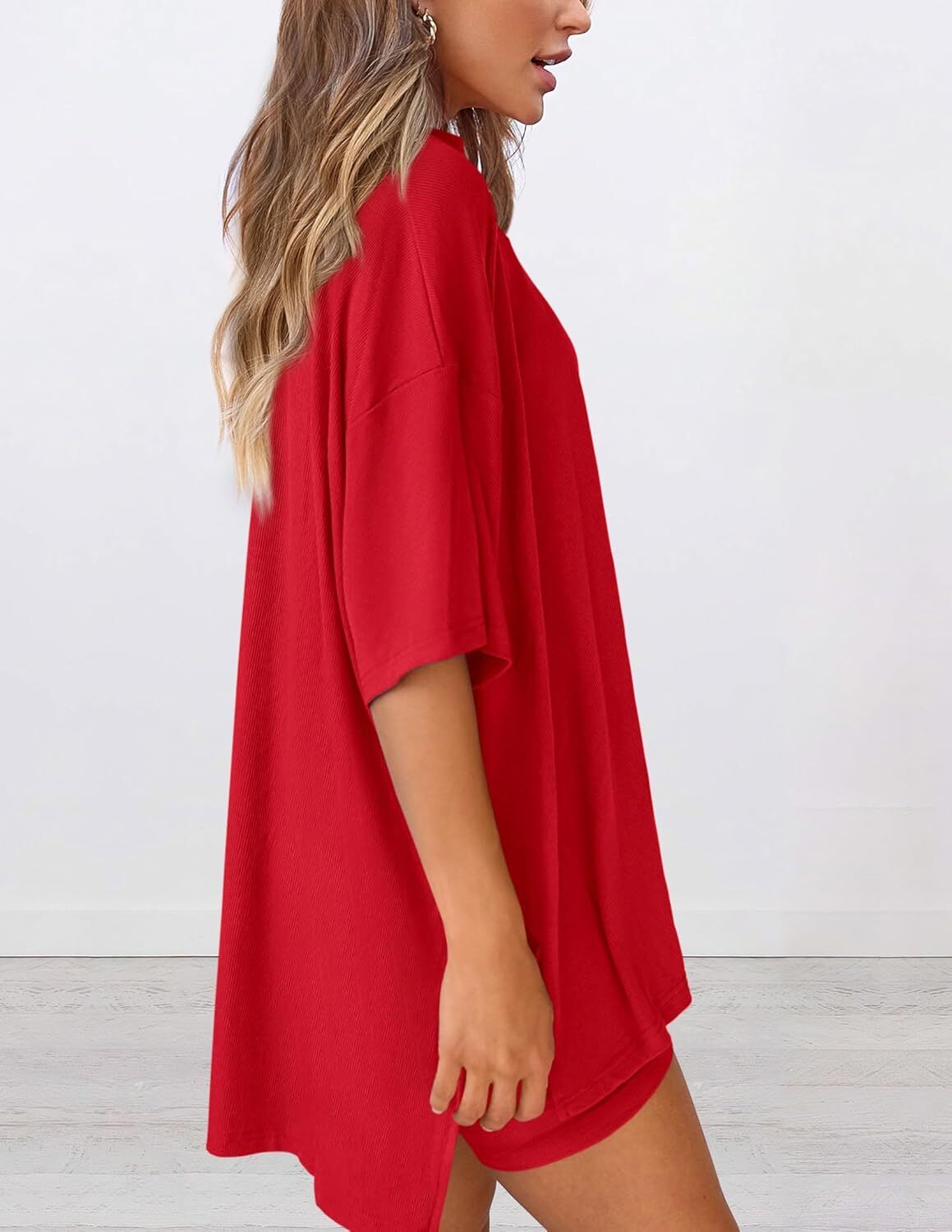 Women's Two Piece Lounge Set Casual Oversized Crewneck Tops and High Waisted Shorts Set