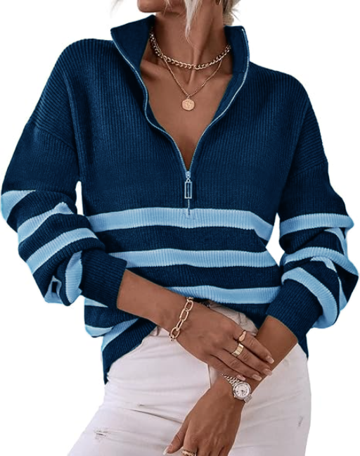 2025 Casual Long Sleeve Zipper Striped Pullover V Neck Ribbed Knitted Autumn and Winter Casual Pullover