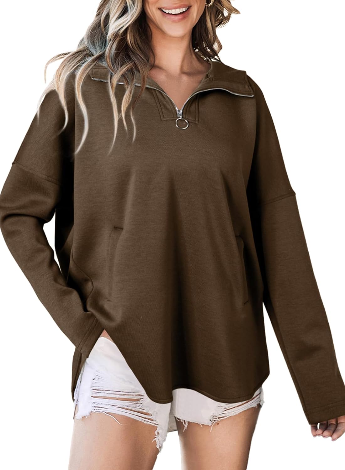 Women's Oversized Hoodies Casual Long Sleeve Half Zipper Pocket Sweatshirt Pullover Tops