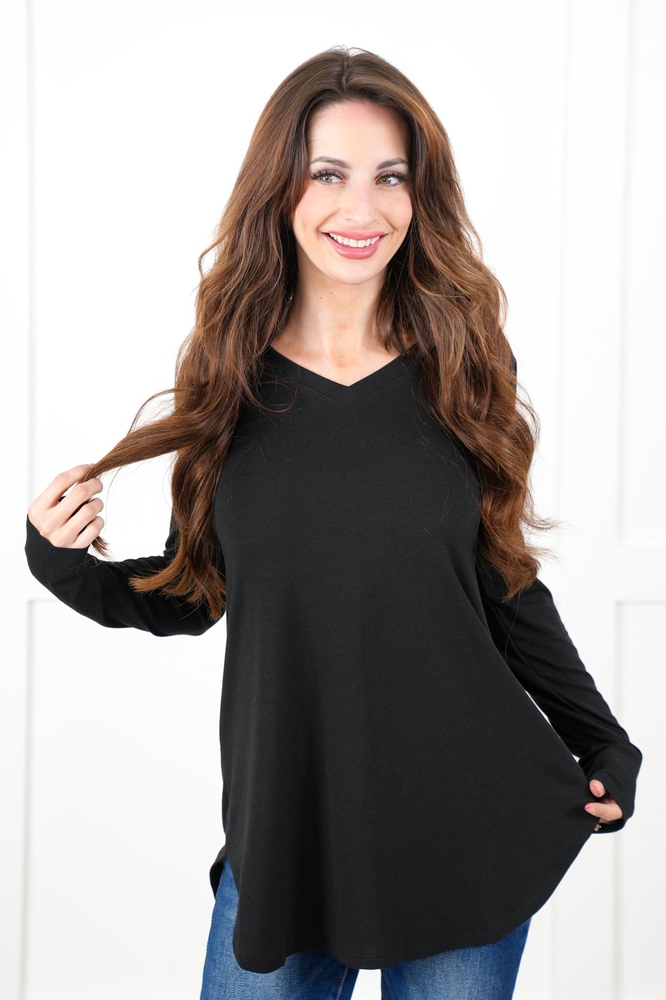 Long Sleeve V-Neck Round Hem Top (Multiple Colors)
