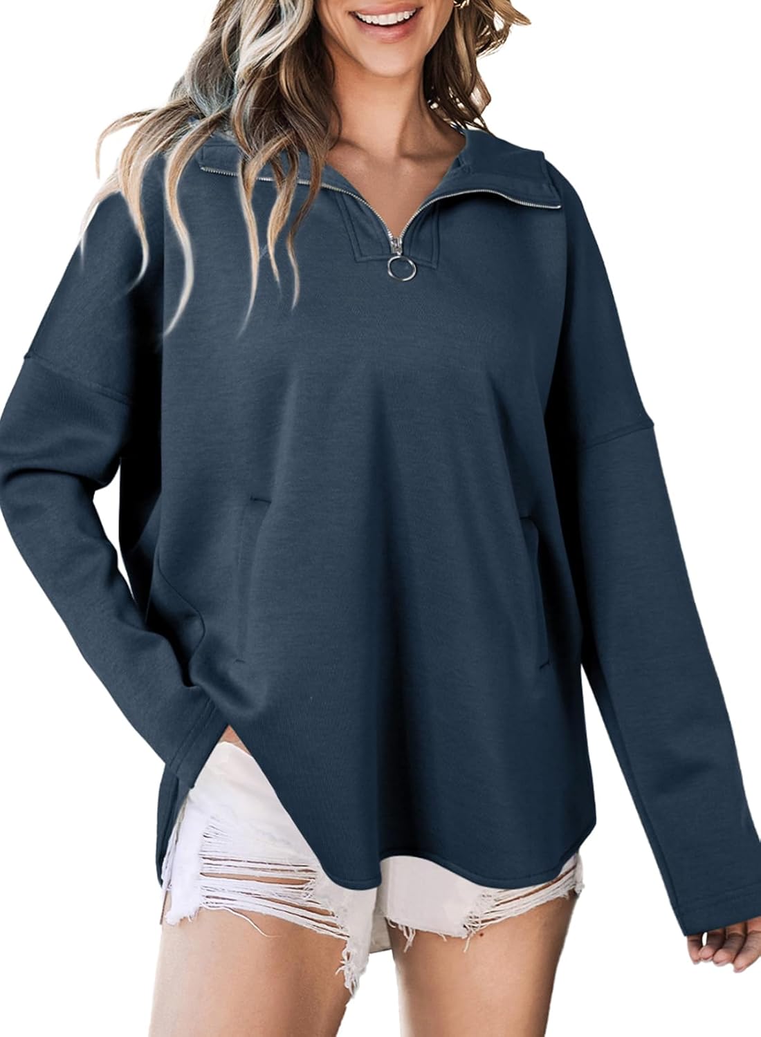 Women's Oversized Hoodies Casual Long Sleeve Half Zipper Pocket Sweatshirt Pullover Tops