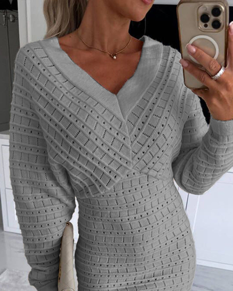 Women V Neck Knit Sweater Dress Pullover Hollow Out Casual Batwing Sleeve