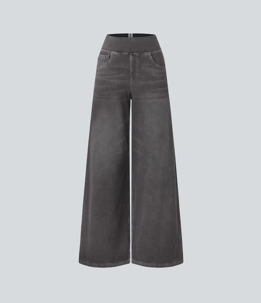 💝Last day promotion⚡High Waisted Multiple Pockets Baggy Wide Leg Washed Stretchy Knit Casual Jeans