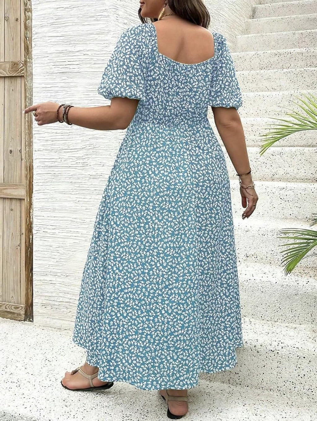 Women Plus Size Dress Puff Sleeve Floral Split A Line Maxi Dress Boho Tie Front Casual Beach Long Dresses