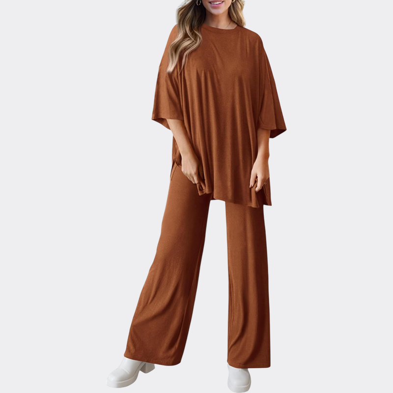Women's 2 Piece Outfits Casual Short Sleeve Pullover Tops and Wide Leg Pants Lounge Sets Tracksuits