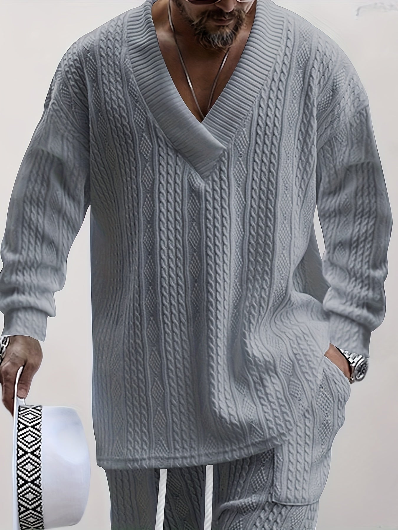 Mens V Neck Sweatshirt Jacquard Tracksuit 2 Piece Men Baggy Sweatsuit Sets Men's Jogging Tracksuit Set Outfit for Men