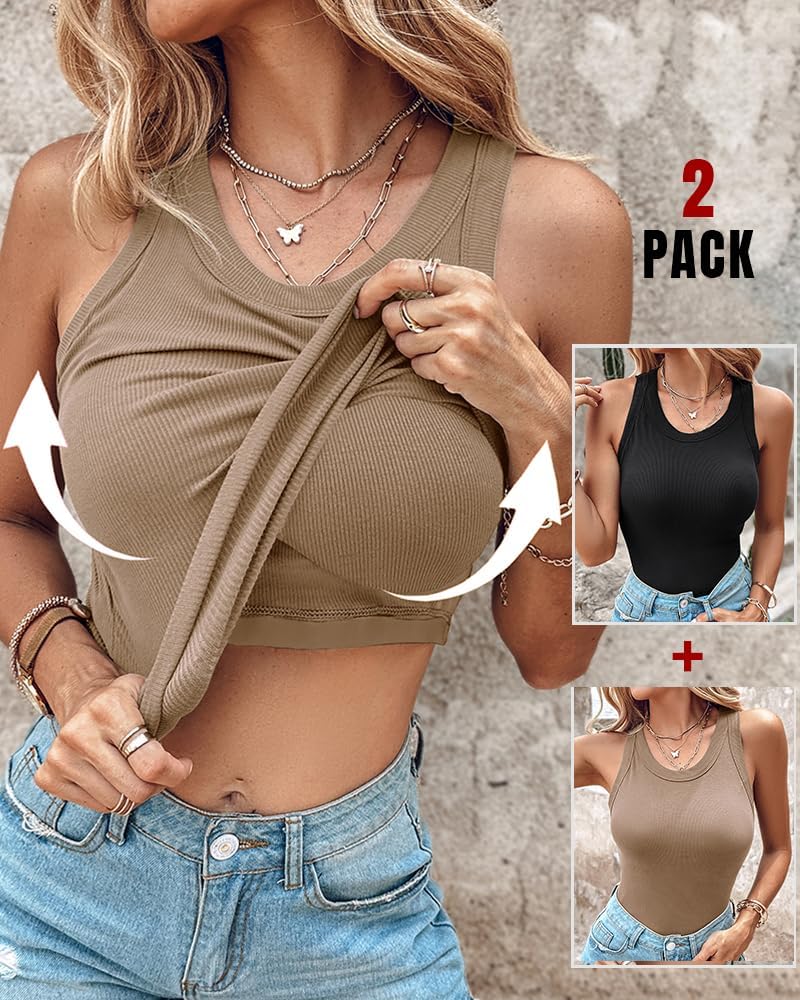 Women Built in Bra Ribbed Tank Tops Sleeveless Casual Tops