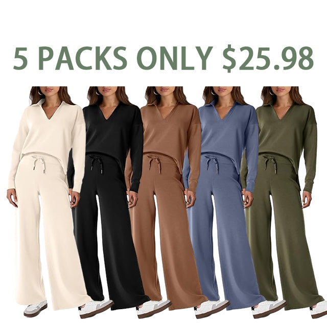 Women's 2 Piece Sets Outfits Casual Long Sleeve Sweatsuits Polo Top and Wide Leg Pants Matching Sets