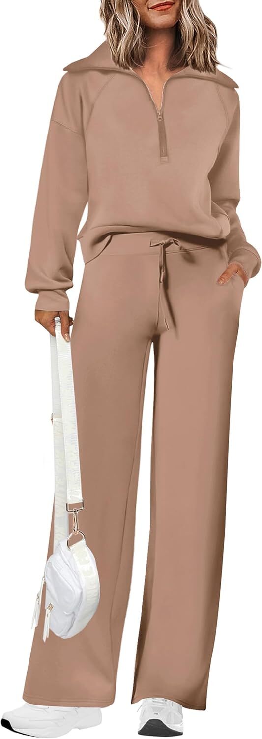 Women's 2 Piece Outfits Casual Lapel Half Zip Sweatshirts And Wide Leg Pants Tracksuit Sets