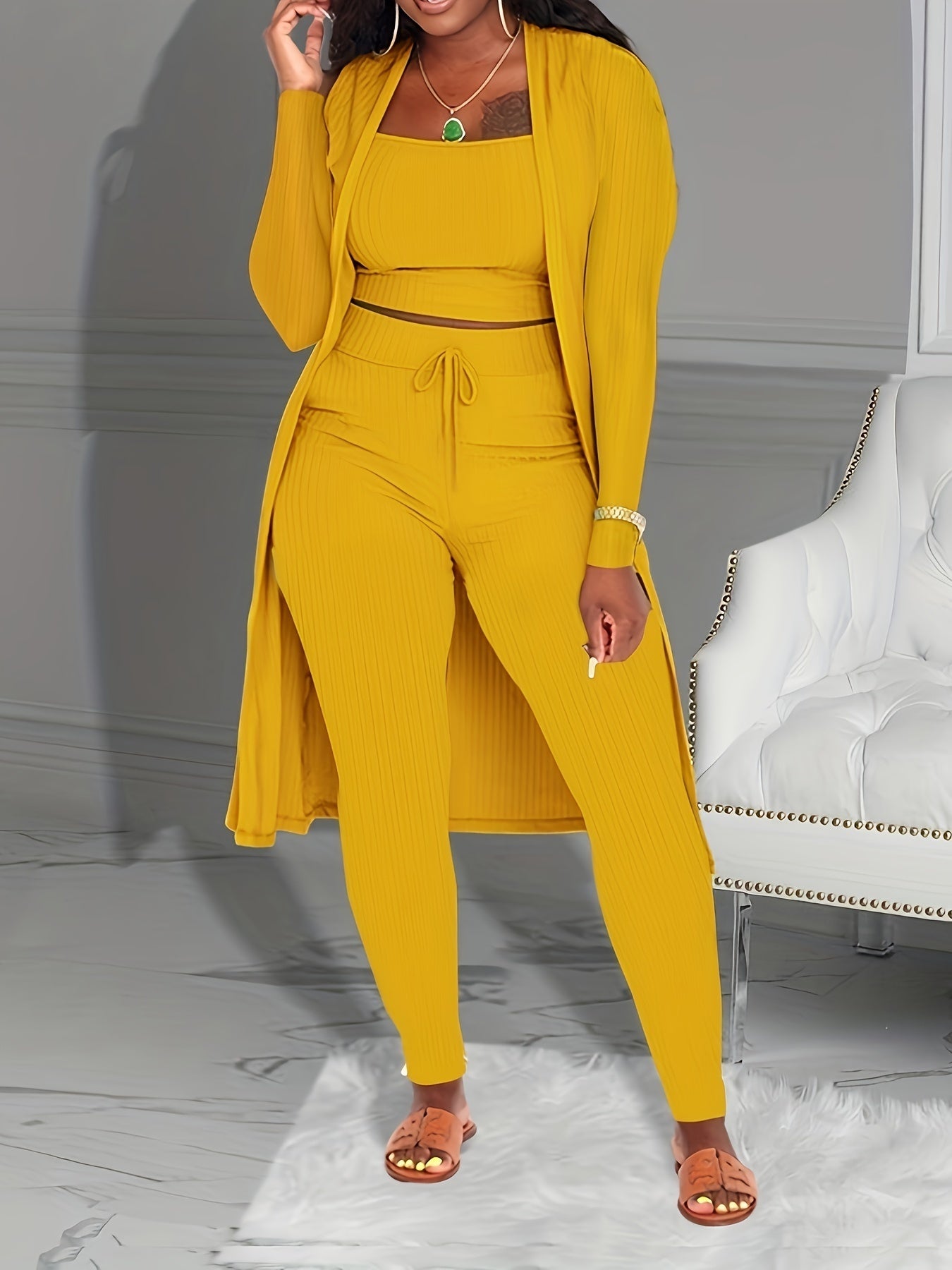 Women 3 Piece Wide Leg Pants Set Casual Long Sleeve Jacket Cardigan With Solid Tank Pants Set Dinner Suit Women