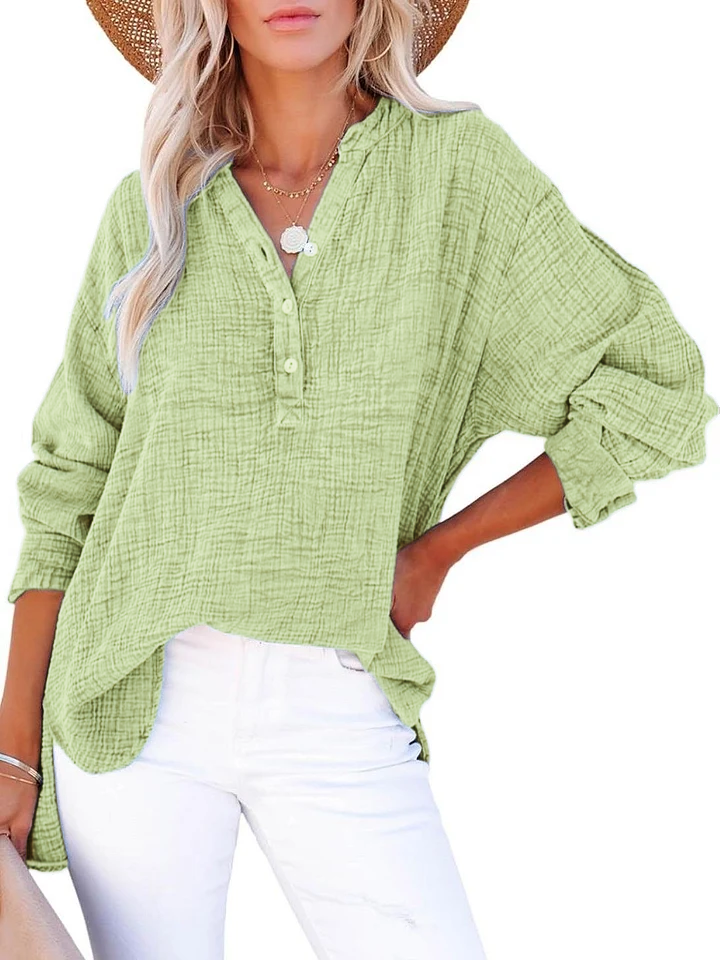 Womens Casual Button V Neck Long Sleeve Shirts Oversized Solid Blouses Tops