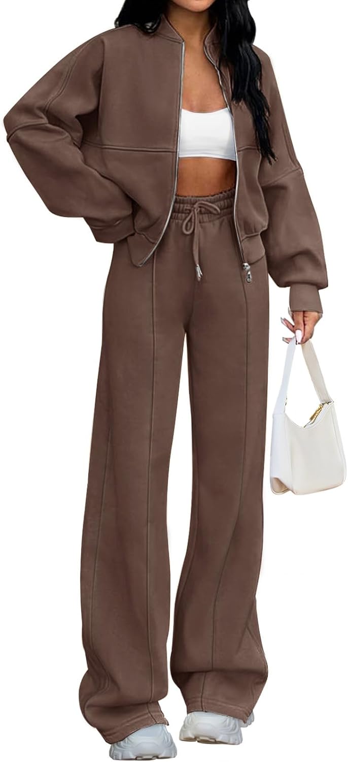 Christmas Deals Women's Fall 2 Piece Sweatsuits Set Long Sleeve Zip Up Sweatshirt Wide Leg Sweatpants Lounge Sets