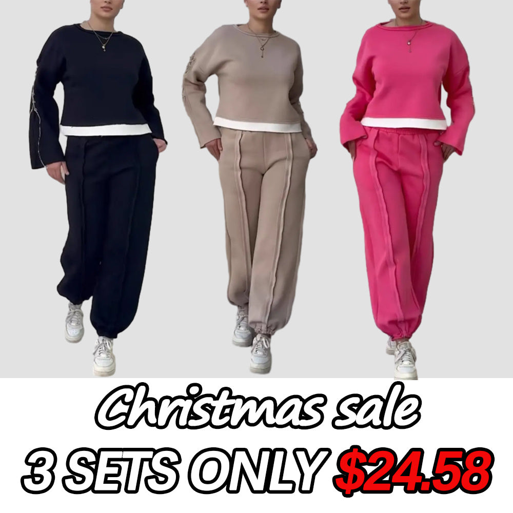 Women's Casual Round Neck Contrast Patchwork Sweatpants Suit