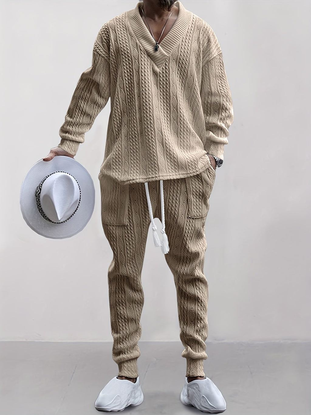 Mens V Neck Sweatshirt Jacquard Tracksuit 2 Piece Men Baggy Sweatsuit Sets Men's Jogging Tracksuit Set Outfit for Men