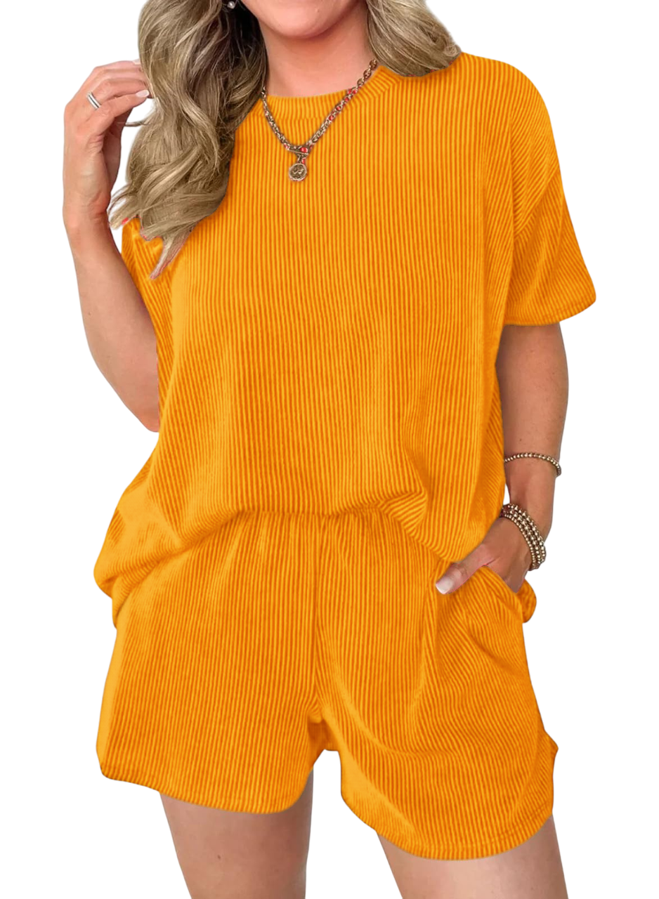 Women's Pocket Casual Short Sleeve T-shirt & Elastic Waist Shorts, Ribbed 2 Piece Sets