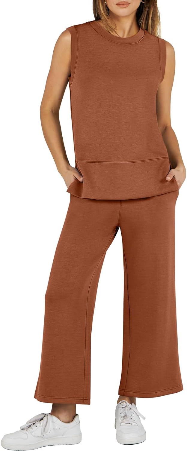 Women's 2 Piece Sets Summer Outfits Sleeveless Wide Leg Tracksuits Casual Sweat Sets Lounge Sweatsuits