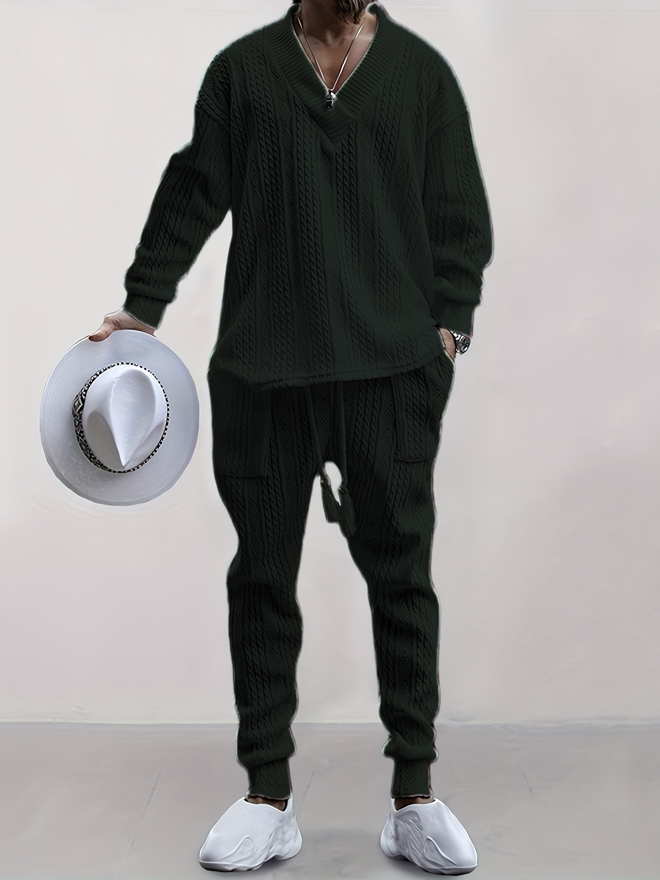 Mens V Neck Sweatshirt Jacquard Tracksuit 2 Piece Men Baggy Sweatsuit Sets Men's Jogging Tracksuit Set Outfit for Men