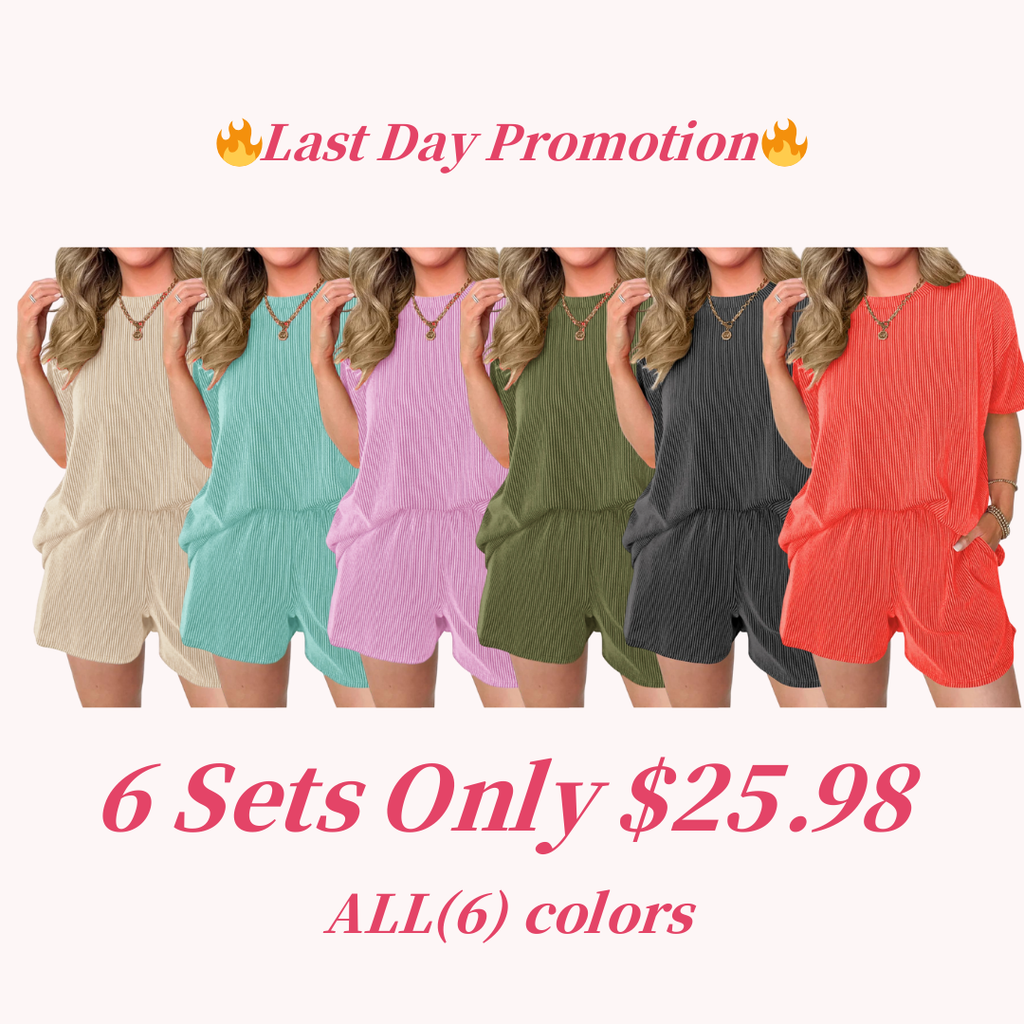 Women's Pocket Casual Short Sleeve T-shirt & Elastic Waist Shorts, Ribbed 2 Piece Sets
