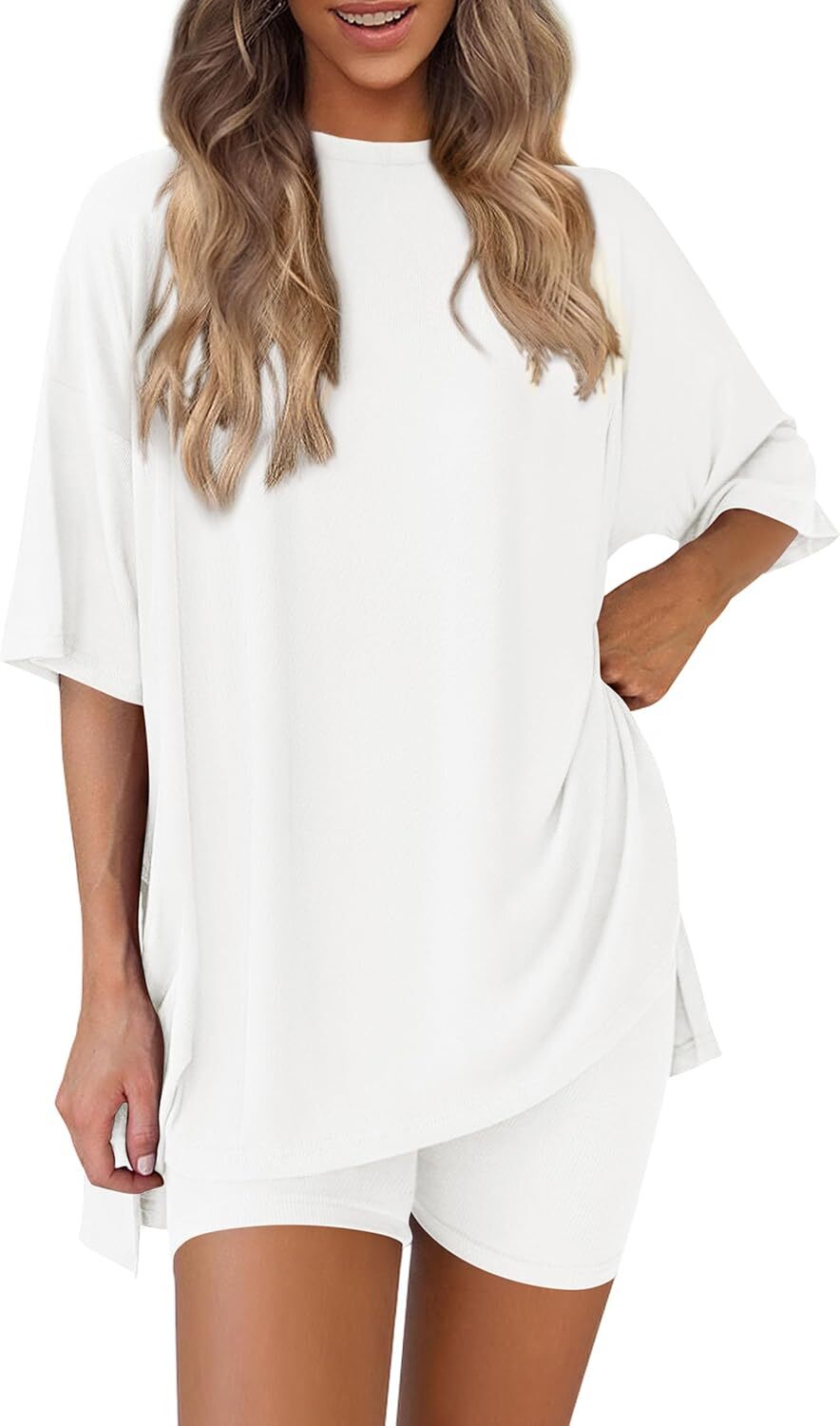 Women's Two Piece Lounge Set Casual Oversized Crewneck Tops and High Waisted Shorts Set