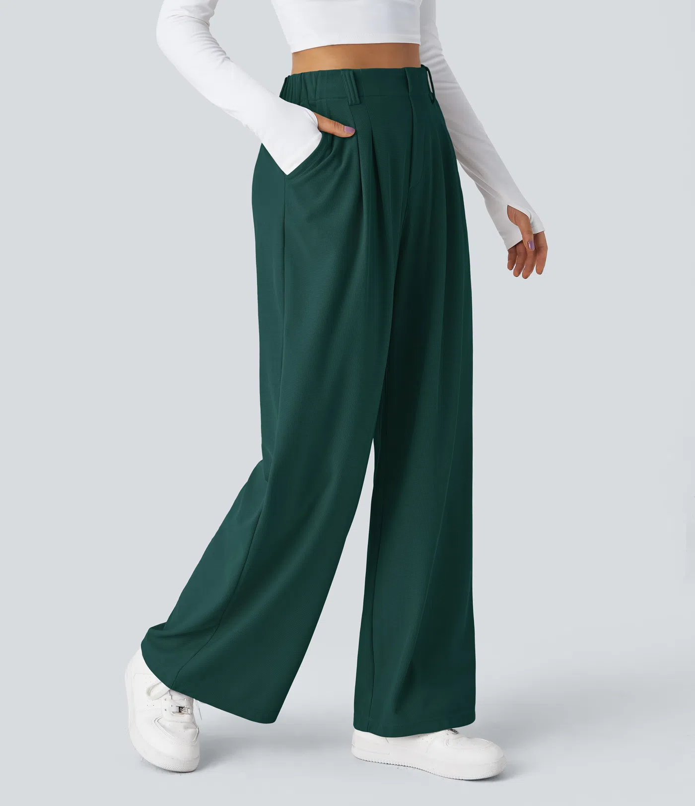 High Waisted Side Pocket Wide Leg Waffle Work Pants