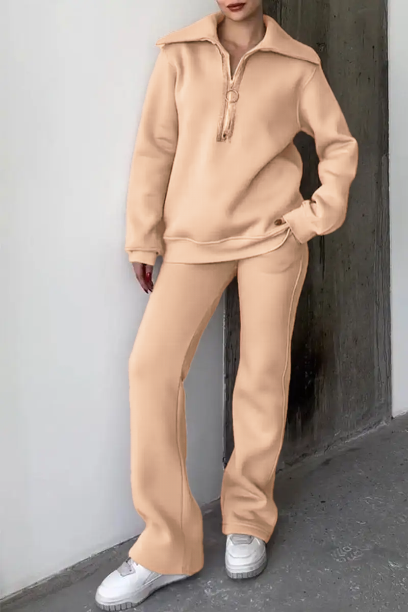 Women's Lapel Long Sleeve Sweatshirt Two Piece Set