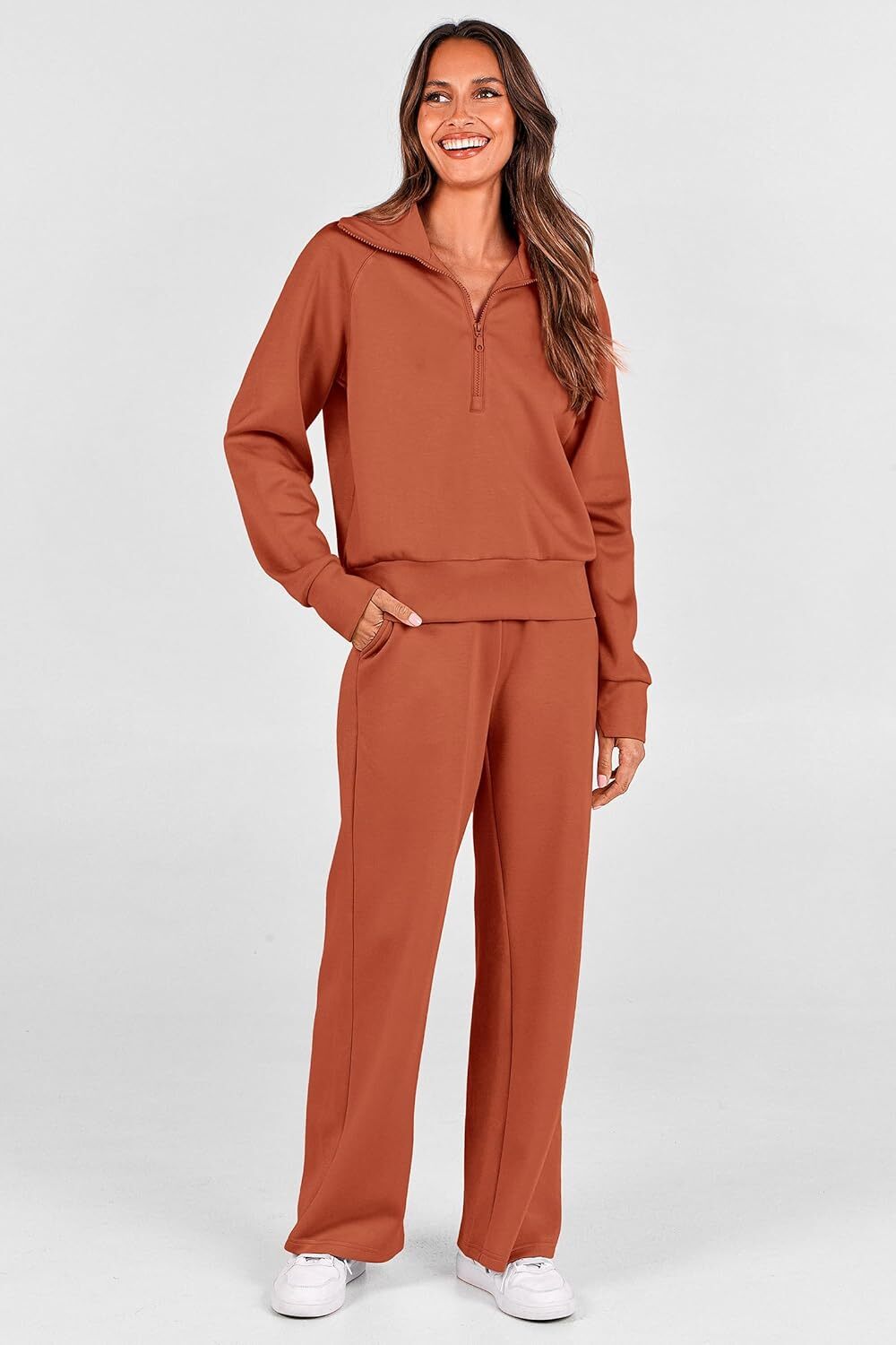 Women's 2 Piece Outfits Casual Lapel Half Zip Sweatshirts And Wide Leg Pants Tracksuit Sets