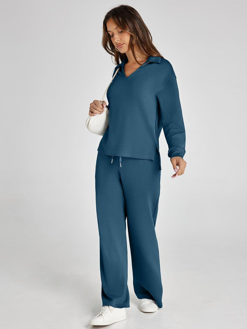 Women's 2 Piece Sets Outfits Casual Long Sleeve Sweatsuits Polo Top and Wide Leg Pants Matching Sets