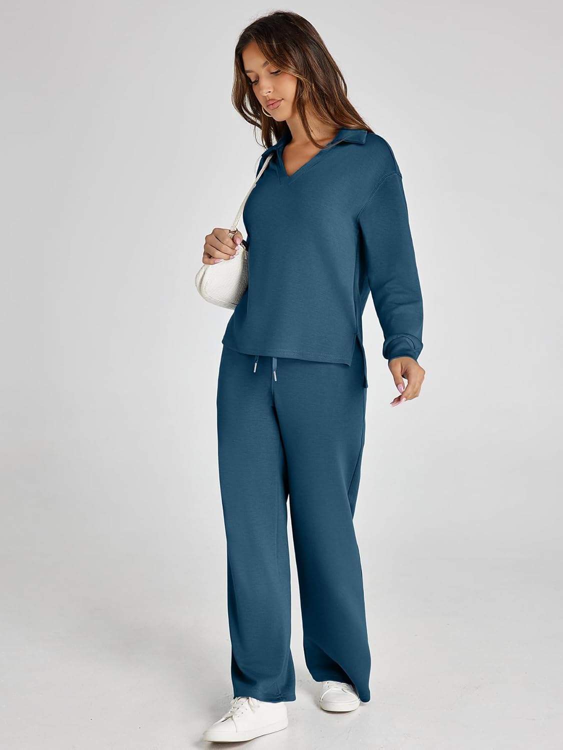 Women's 2 Piece Sets Outfits Casual Long Sleeve Sweatsuits Polo Top and Wide Leg Pants Matching Sets