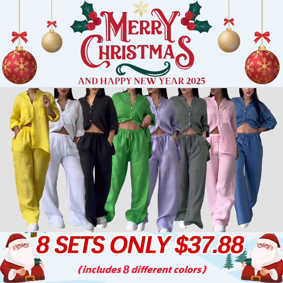 Casual solid color cotton and linen pants two-piece set