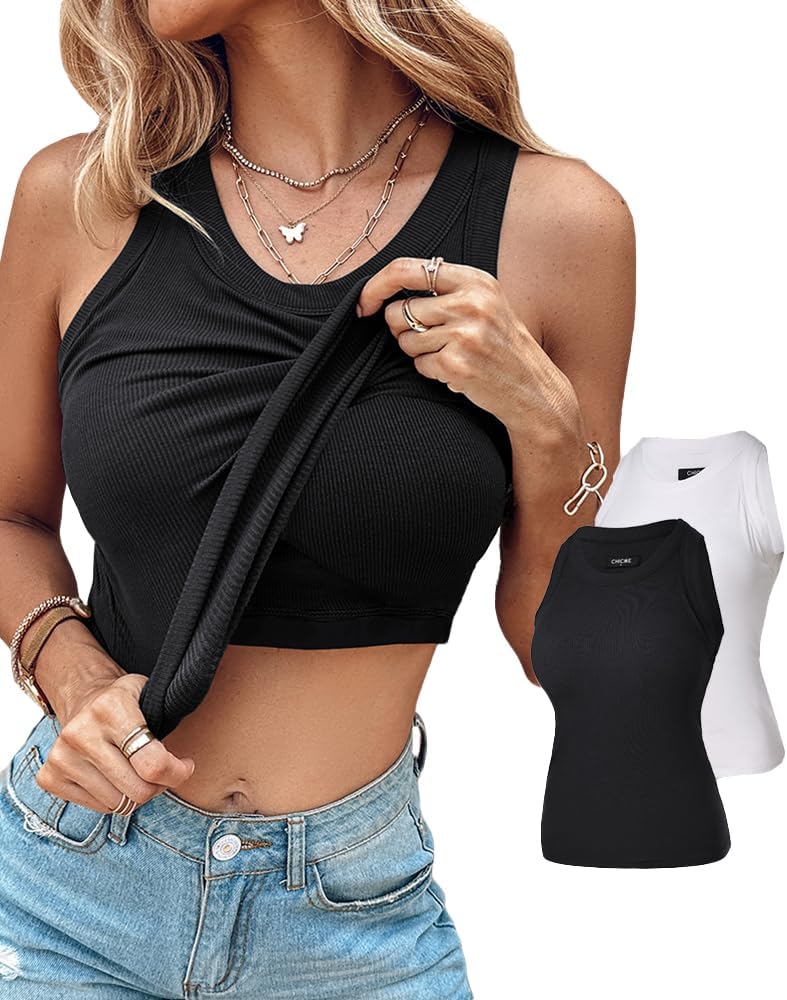 Women Built in Bra Ribbed Tank Tops Sleeveless Casual Tops