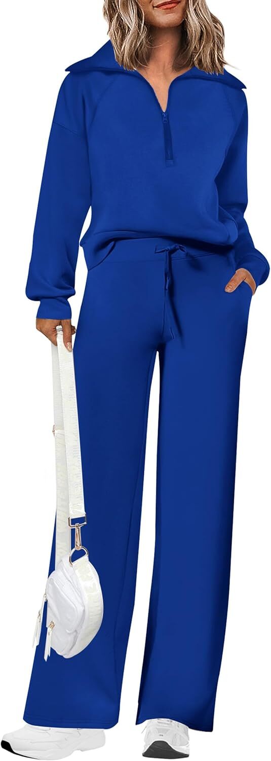 Women's 2 Piece Outfits Casual Lapel Half Zip Sweatshirts And Wide Leg Pants Tracksuit Sets